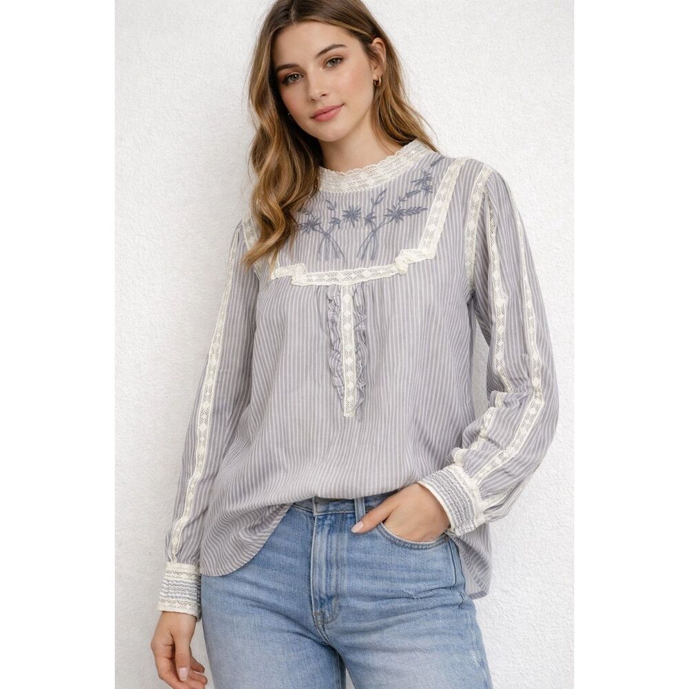 RARE ZARA Boho Embroidered Lace Blouse Women L Gray Striped Silk Blend Romantic